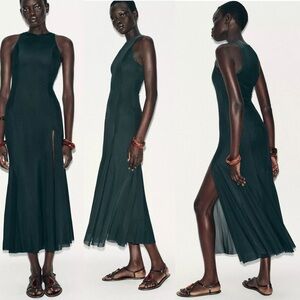 NWOT ZARA 🌿 LONG TULLE GODET DRESS Sleeveless Dark Green Hunter Dress